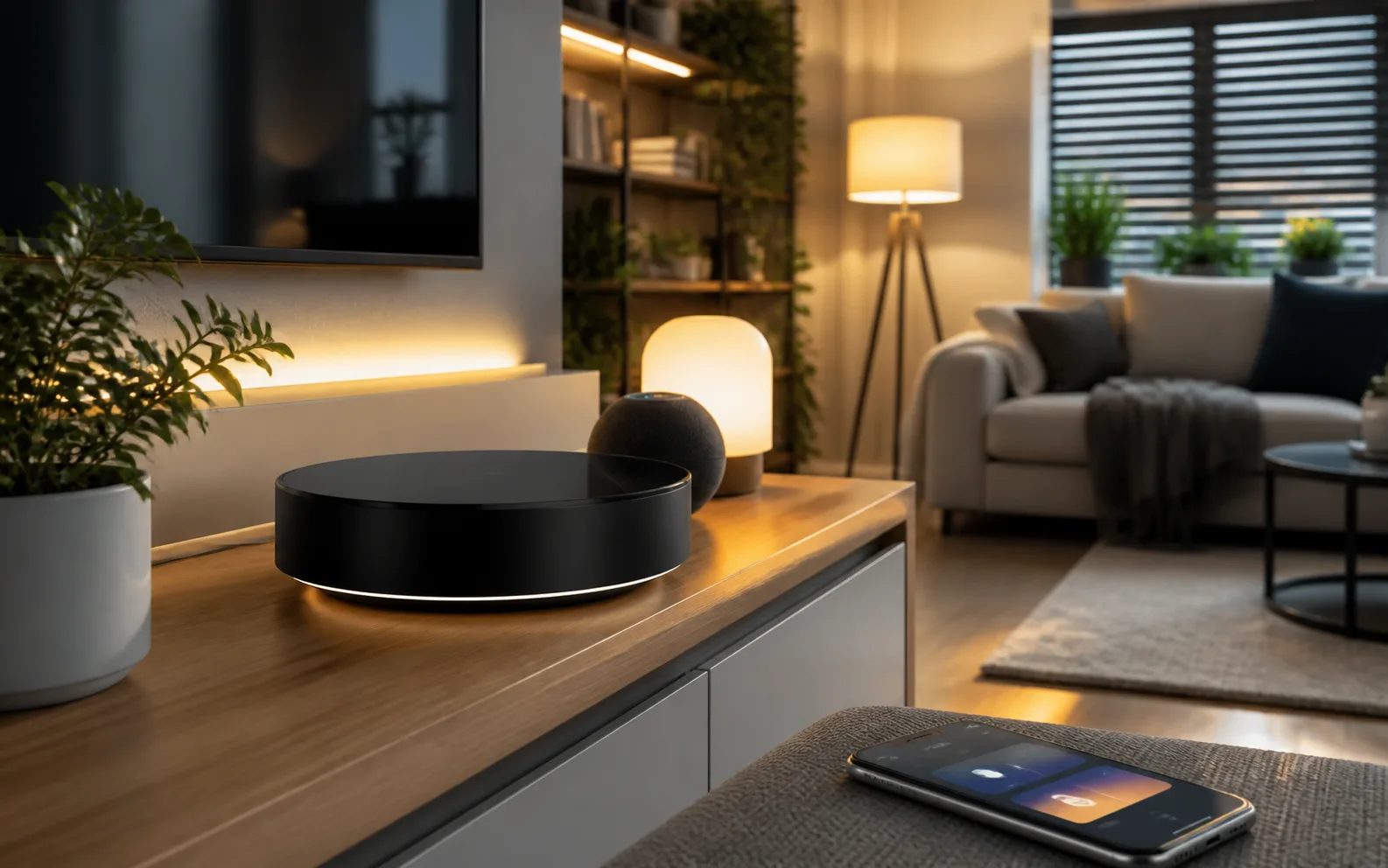 Salon connecté premium avec box domotique et smartphone
