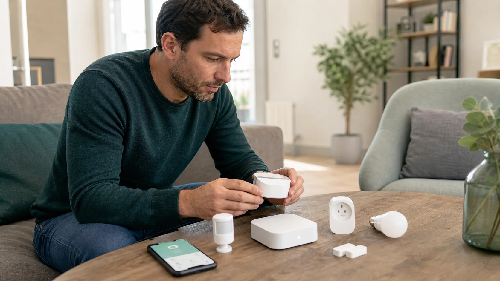 Premier kit domotique avec box, capteurs, prise connectée et application mobile sur une table de salon