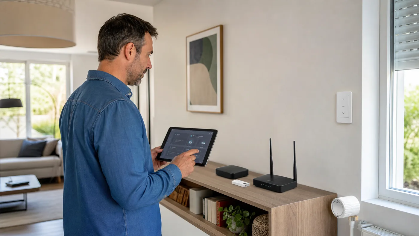 Installation domotique domestique avec hub, passerelle radio et tablette de pilotage dans un salon
