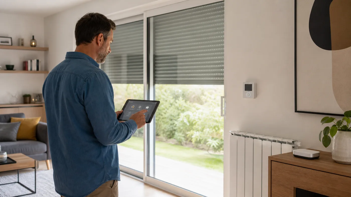 Volets motorisés et thermostat connecté pilotés depuis une tablette à côté d’un hub et de passerelles radio dans une maison