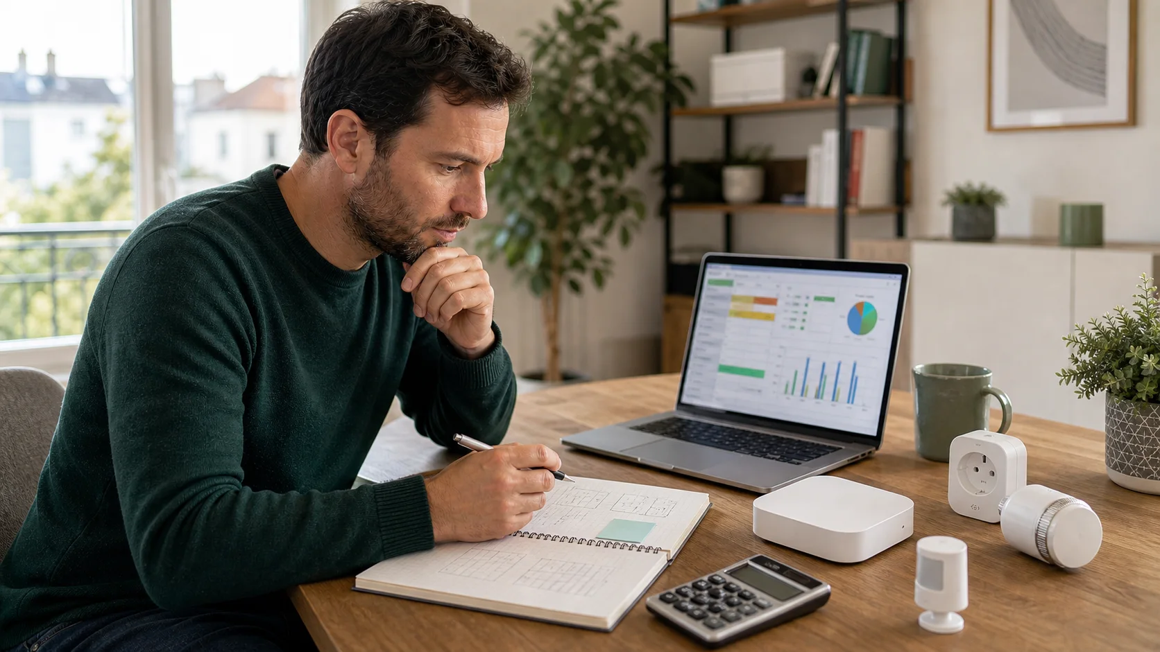 Planification du budget domotique avec ordinateur, calculatrice, hub et capteurs connectés