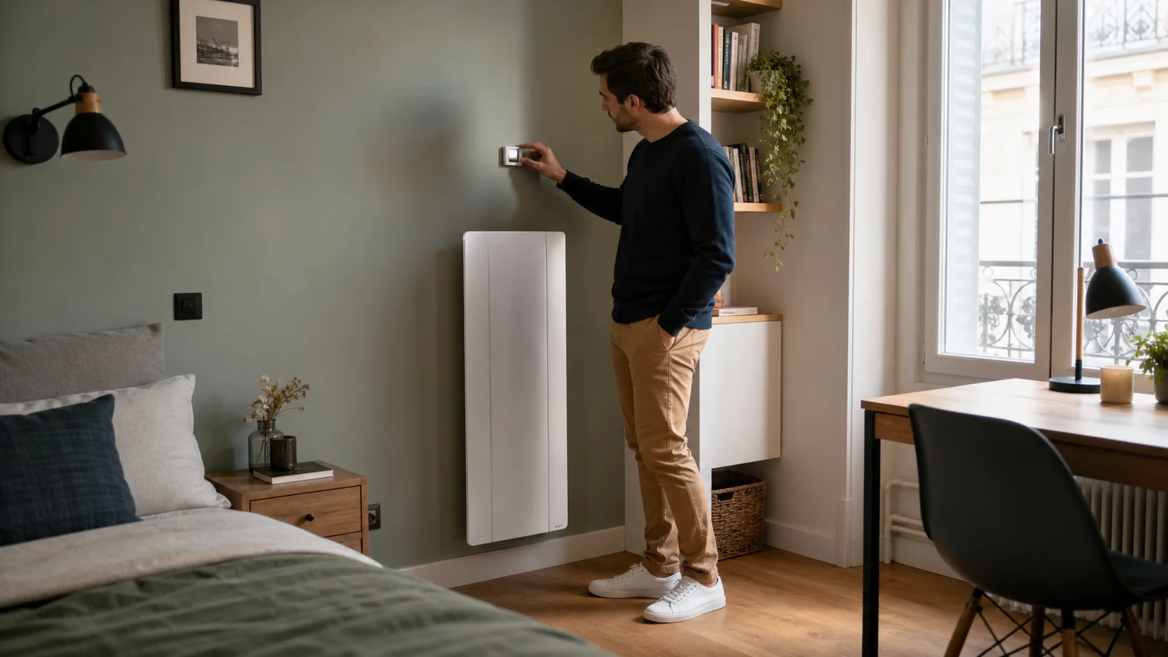 Radiateur électrique mural dans une chambre avec réglage du thermostat