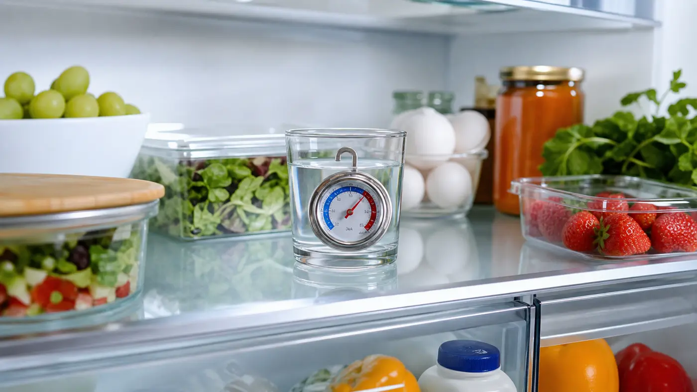 Thermomètre placé dans un verre d'eau au centre du réfrigérateur