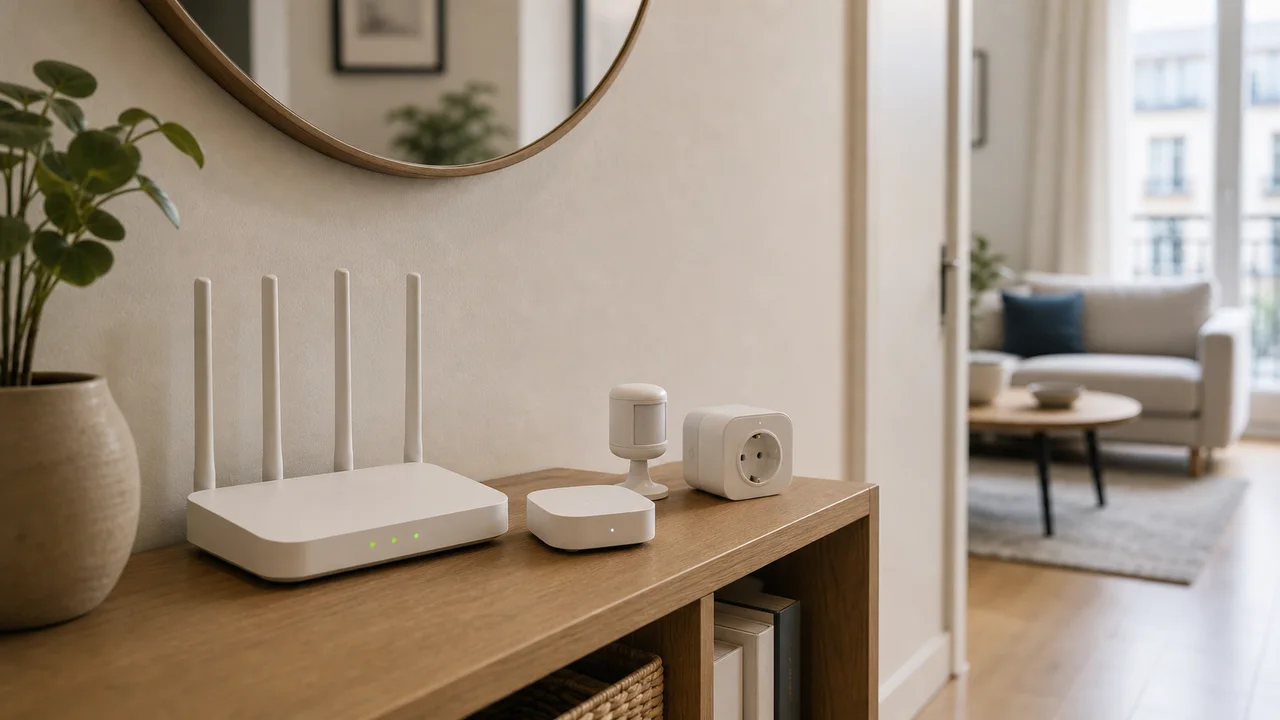 Hub domotique posé dans une entrée avec capteur et prise connectée