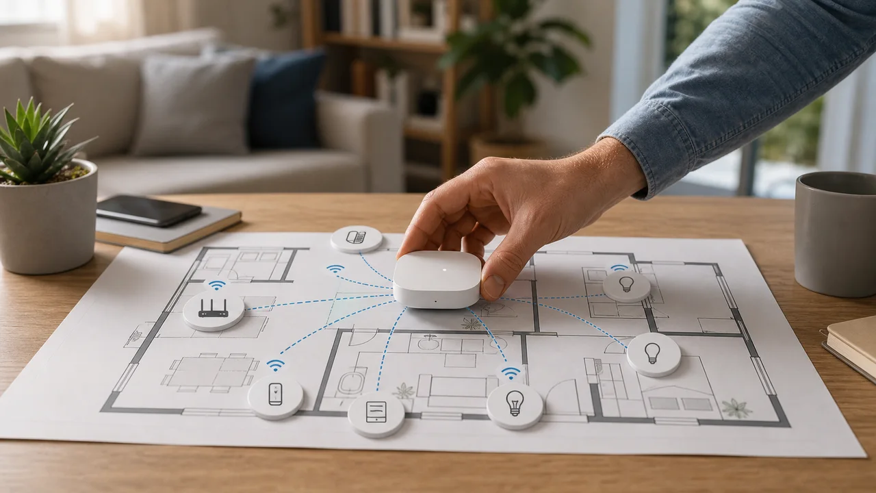 Plan de réseau domotique avec hub, capteurs et objets connectés