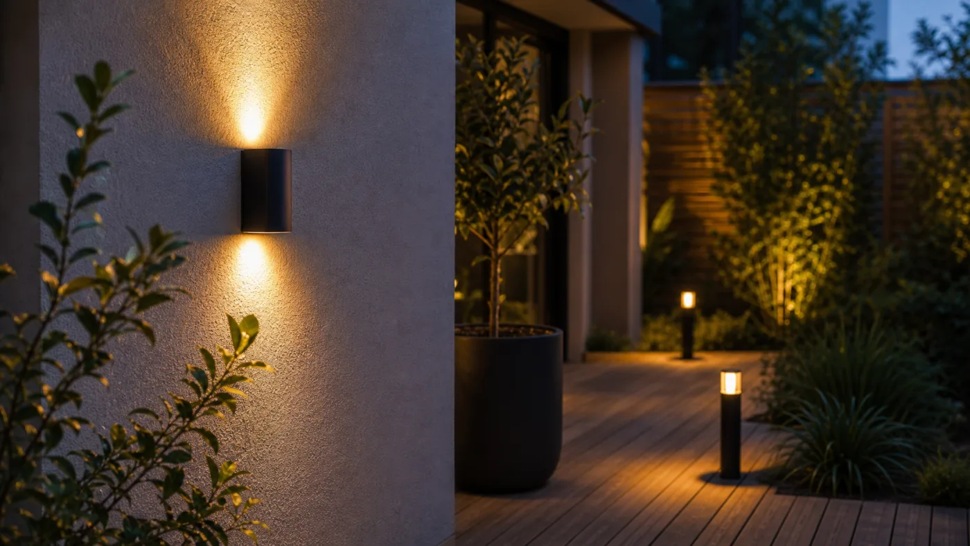 Applique extérieure et balisage lumineux discret sur une terrasse