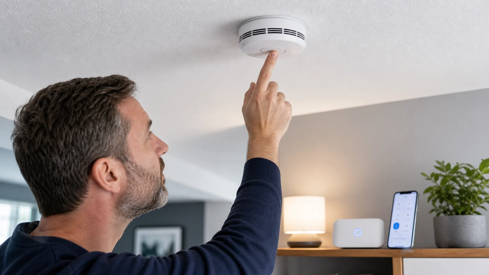 Détecteur fumée connecté testé au plafond avec hub domotique