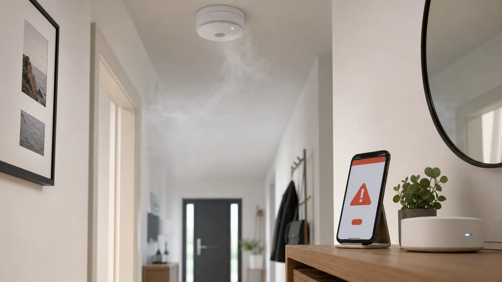 Détecteur de fumée connecté dans une entrée avec alerte smartphone
