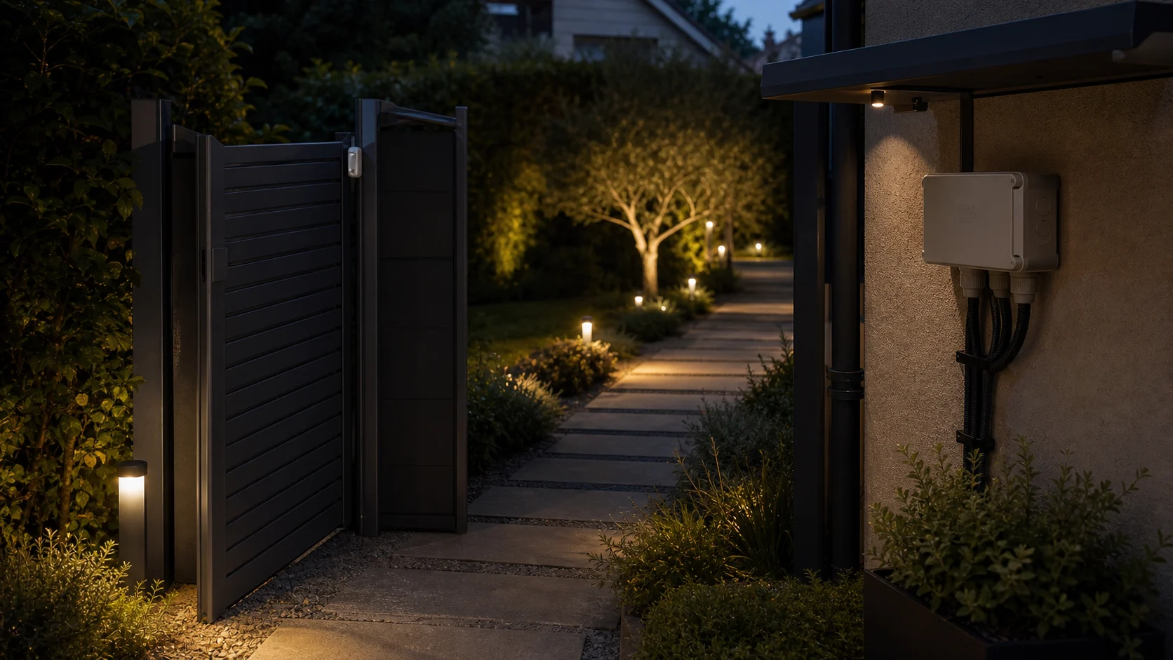 Éclairage extérieur et capteur de portail dans un jardin connecté