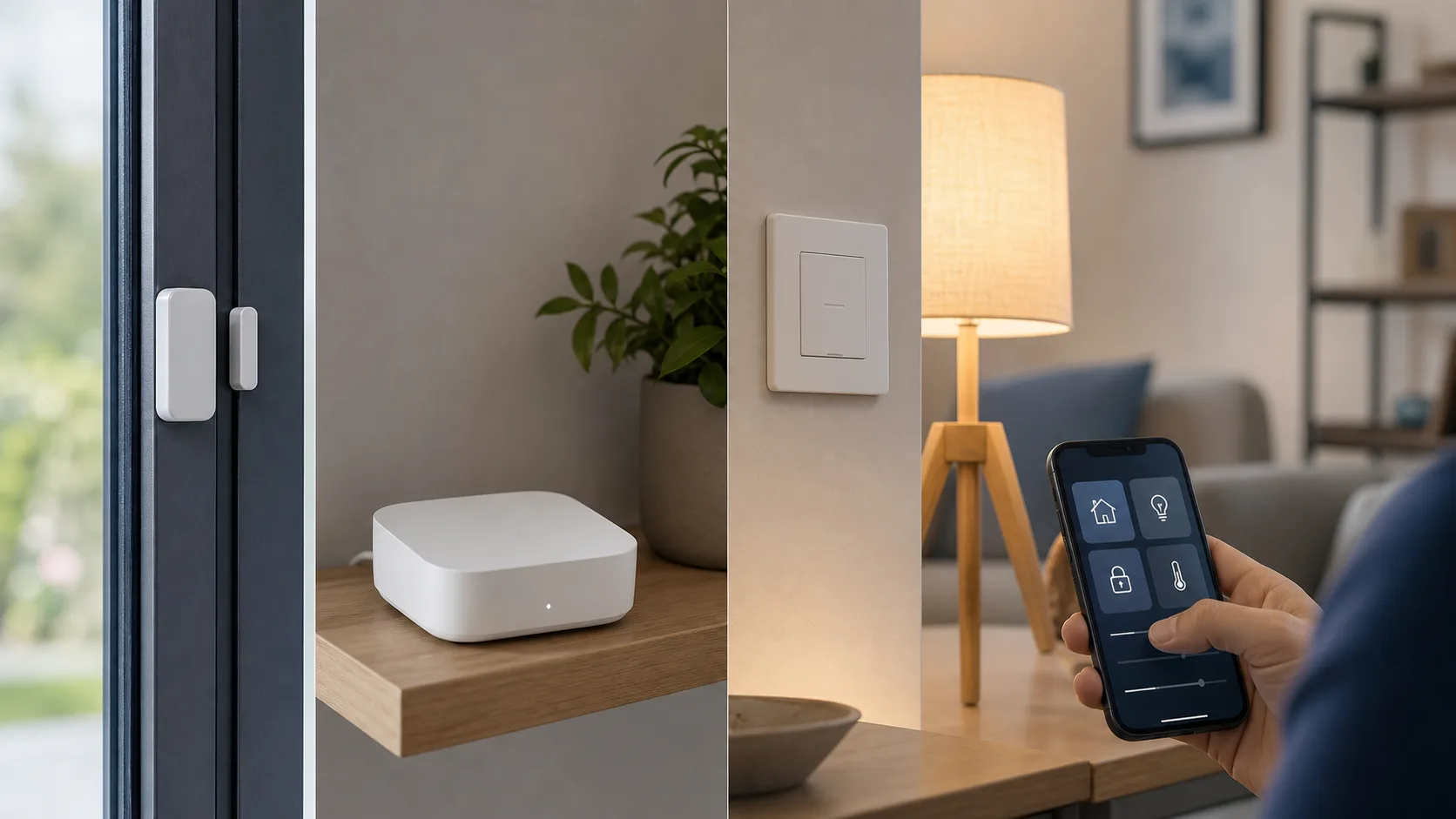 Capteur, hub domotique, interrupteur connecté et application mobile dans une maison connectée