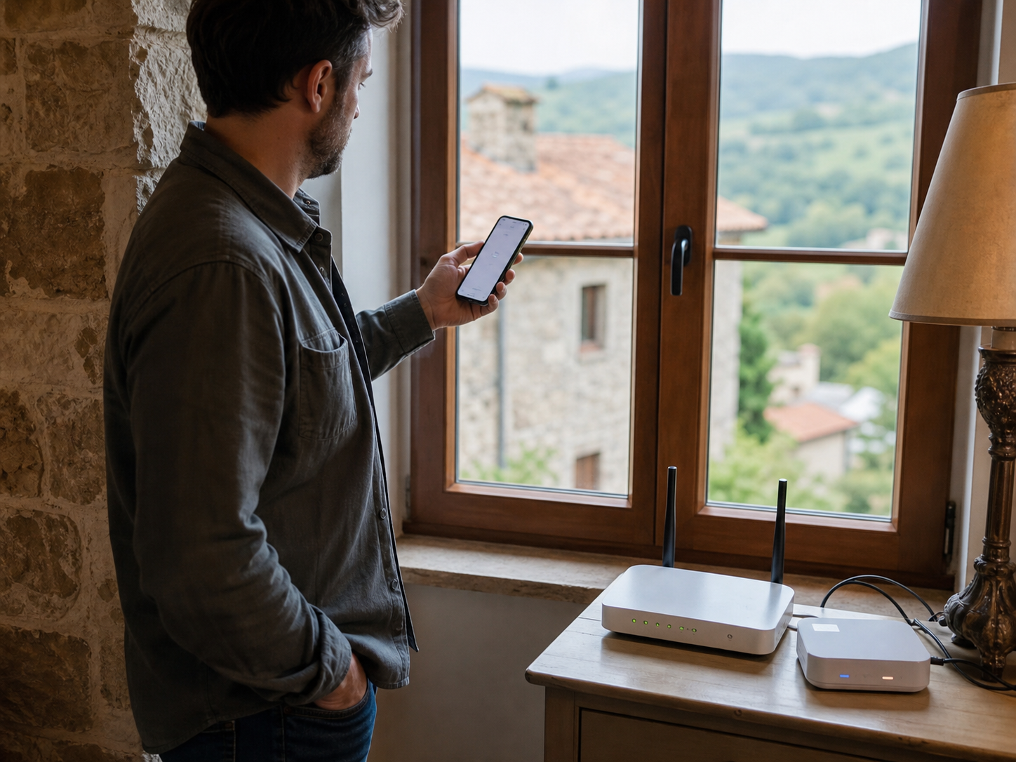 Test de signal mobile près d’un routeur 4G et d’un hub connecté