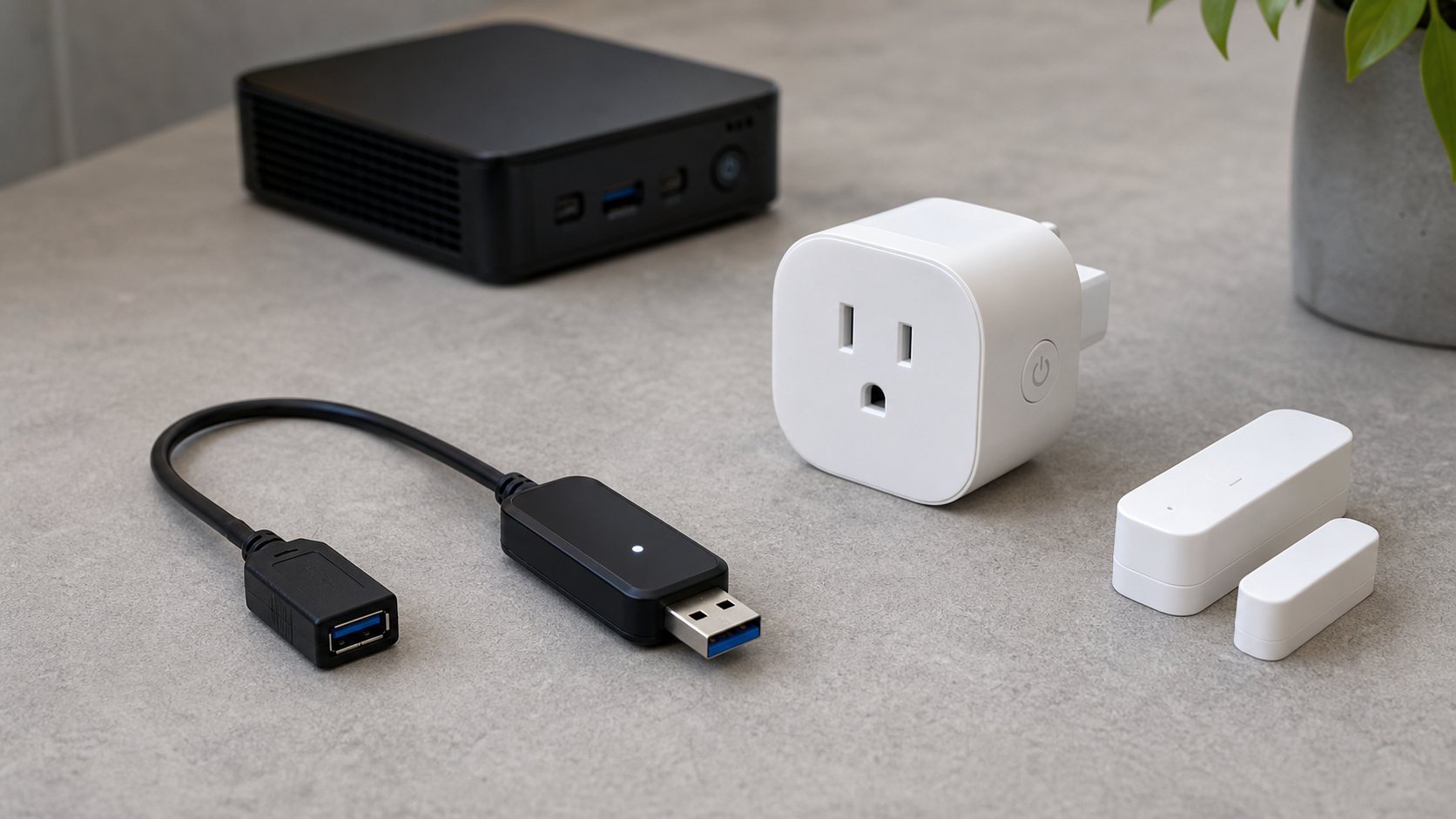 Coordinateur Zigbee placé sur une rallonge USB à côté d’accessoires domotiques