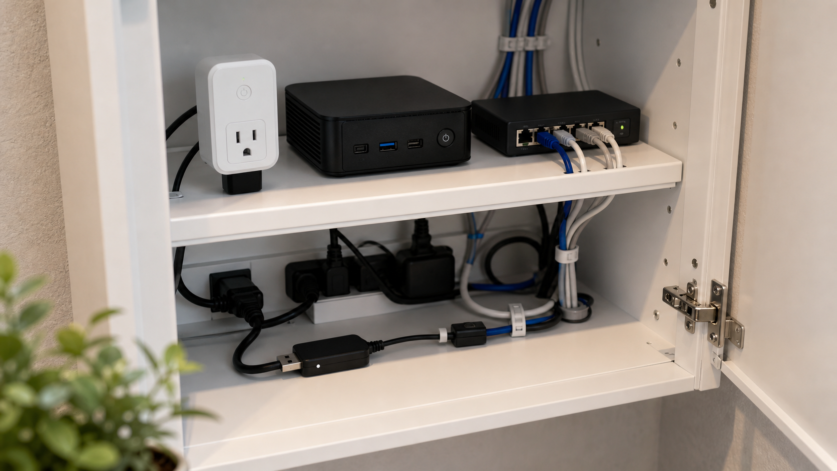 Petit espace technique domotique avec mini serveur, réseau et prise Zigbee routeur