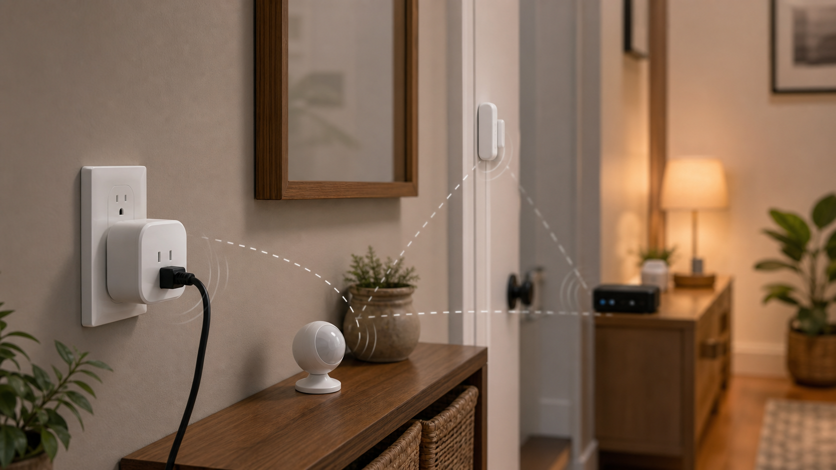 Prise connectée et capteurs Zigbee dans un couloir pour renforcer le maillage