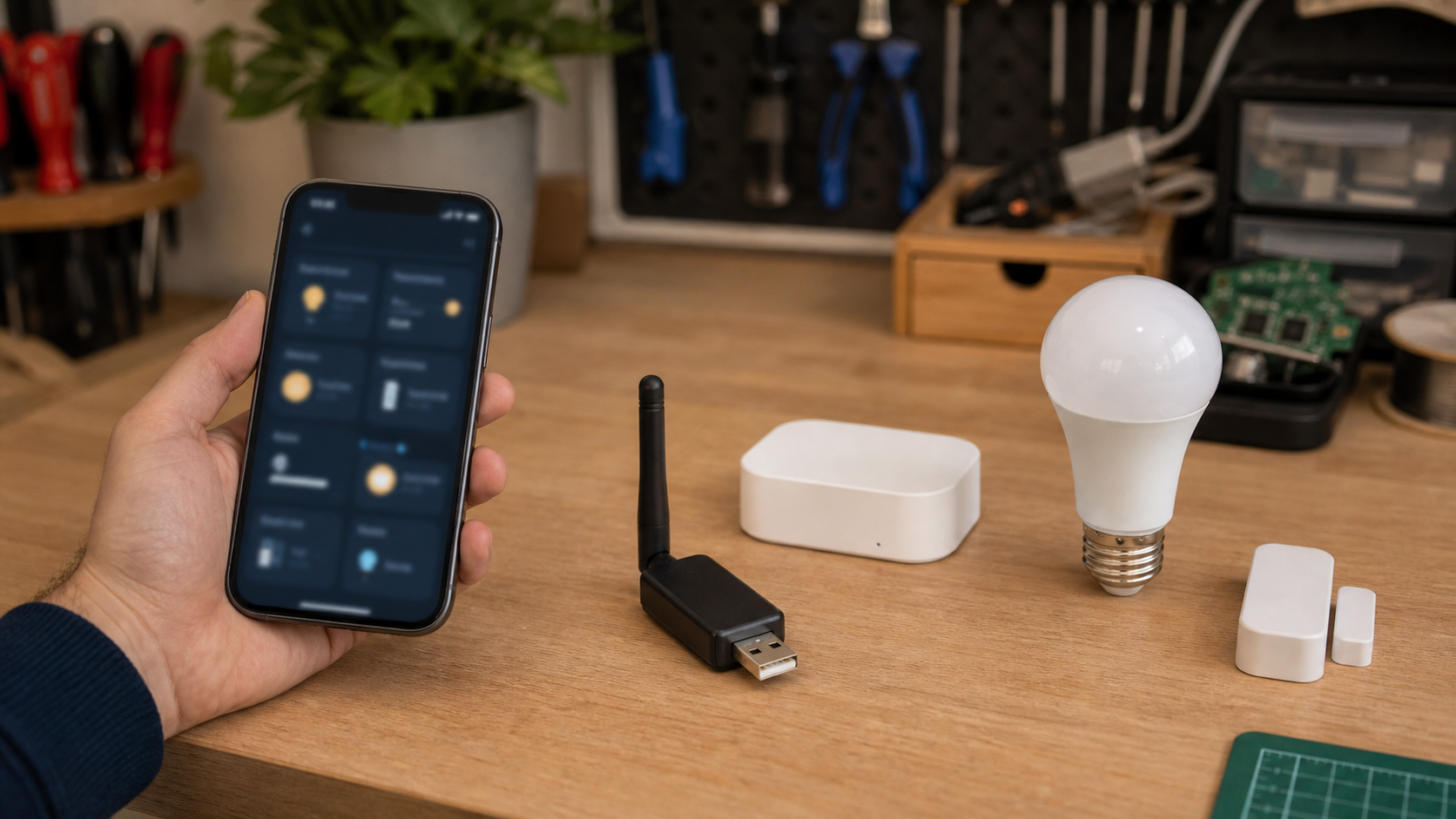 Application domotique affichée sur smartphone avec modules Zigbee sur un établi