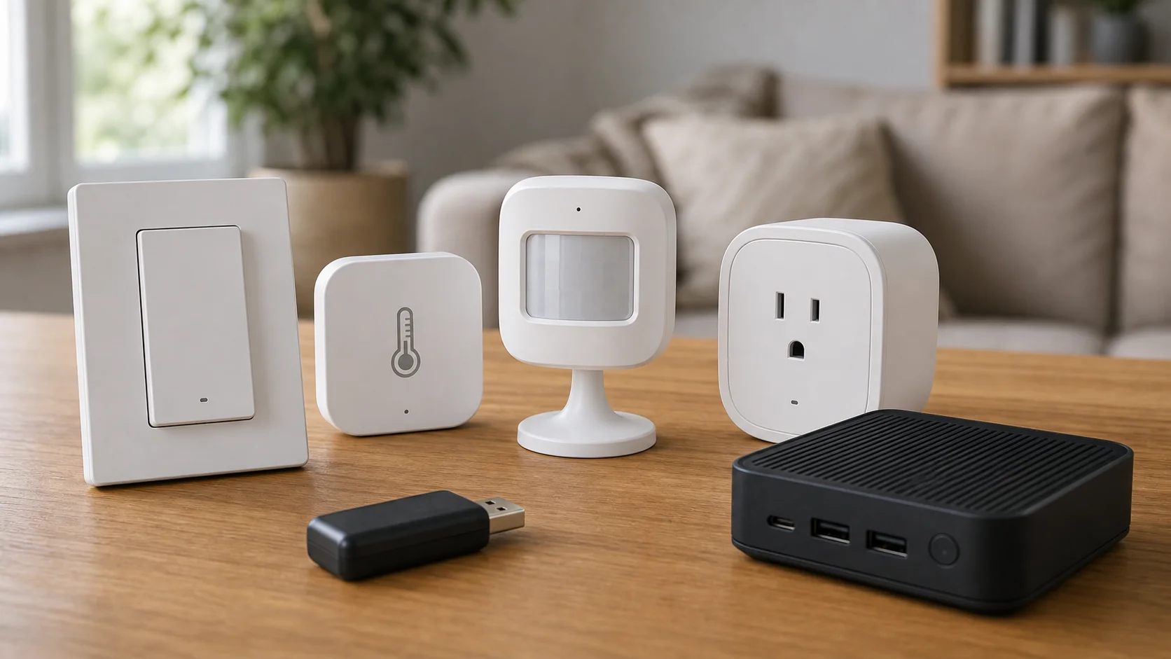 Capteurs, interrupteur, prise connectée, dongle radio et mini PC domotique