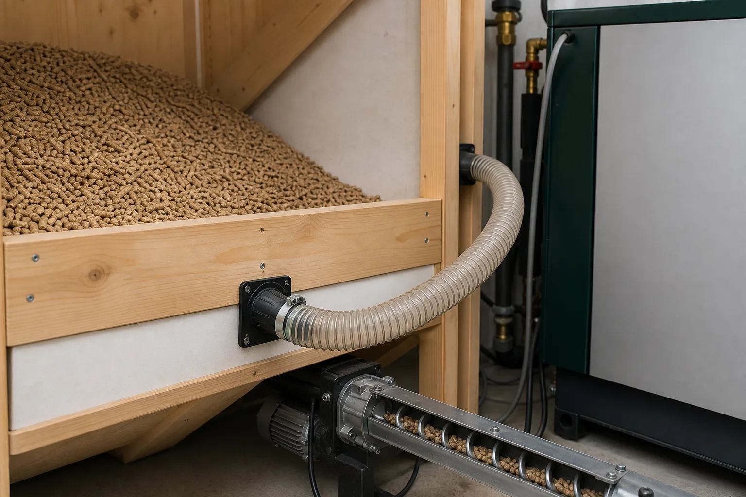 Silo de granulés avec tuyau d’alimentation pour chaudière biomasse