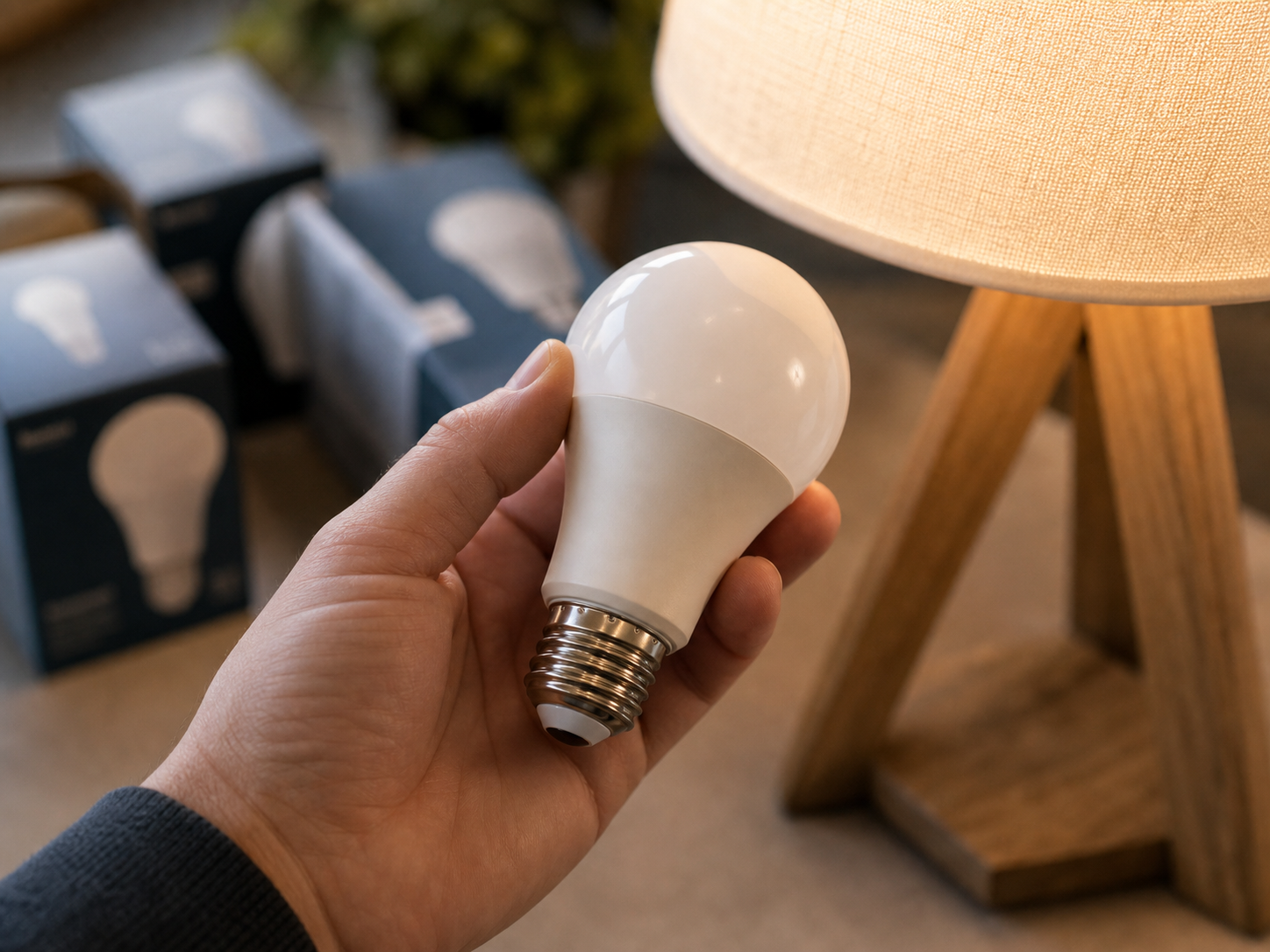 Ampoule LED tenue près d’une lampe pour vérifier sa puissance