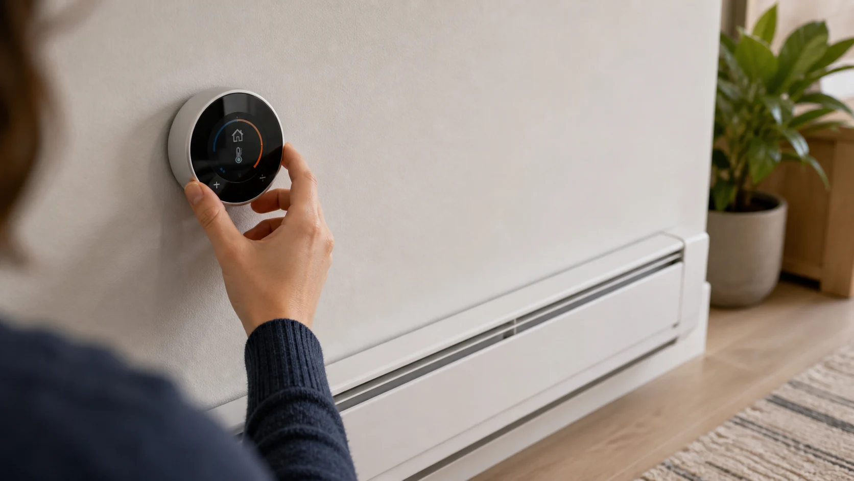 Réglage d’un thermostat connecté près d’une plinthe chauffante