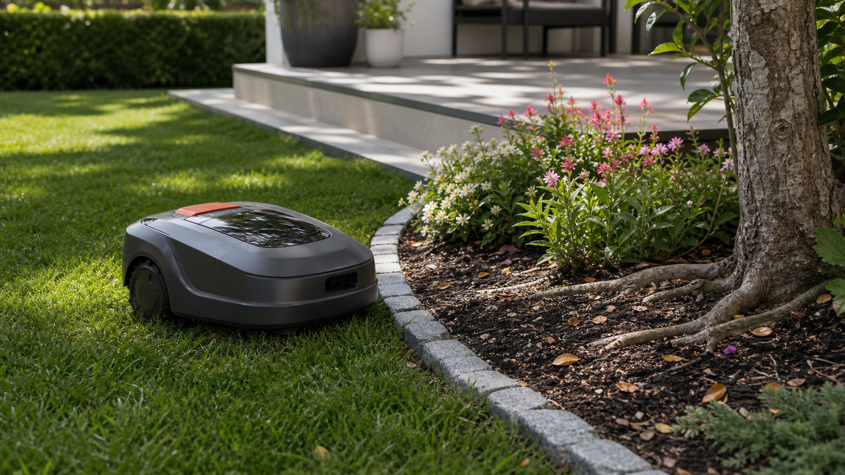 Robot tondeuse près de bordures et d’obstacles dans un jardin familial