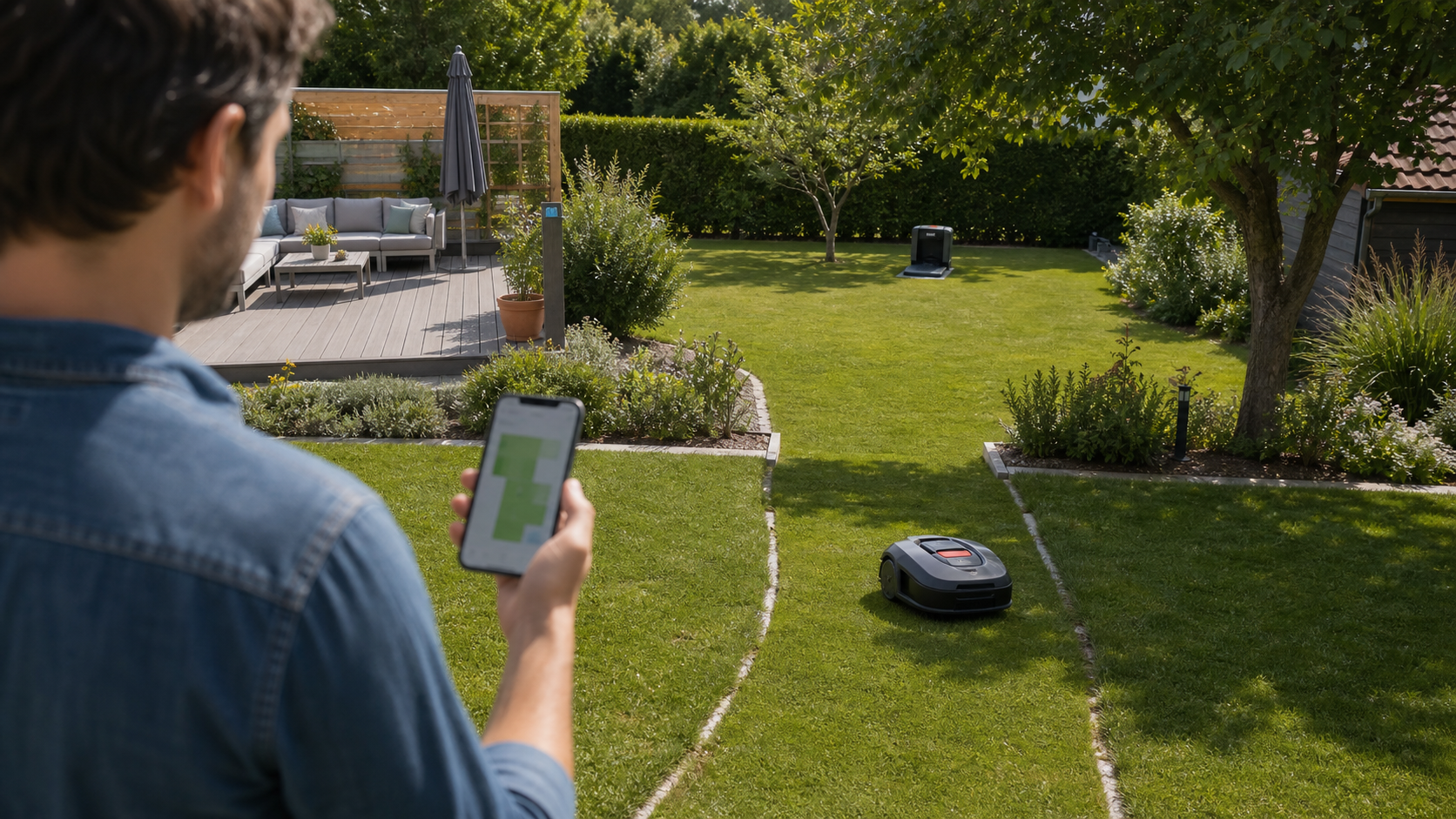 Robot tondeuse sans fil configuré par cartographie virtuelle dans un jardin avec plusieurs zones