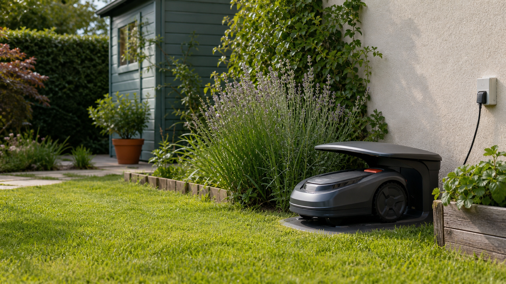 Station de charge de robot tondeuse placée au bord d’une pelouse près d’un abri de jardin