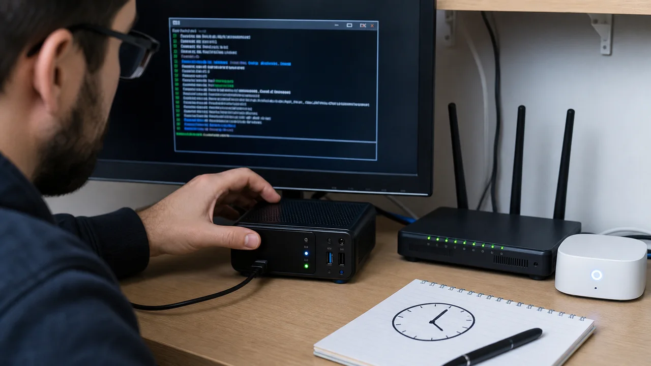 Mini serveur Linux et routeur pendant un contrôle de synchronisation horaire