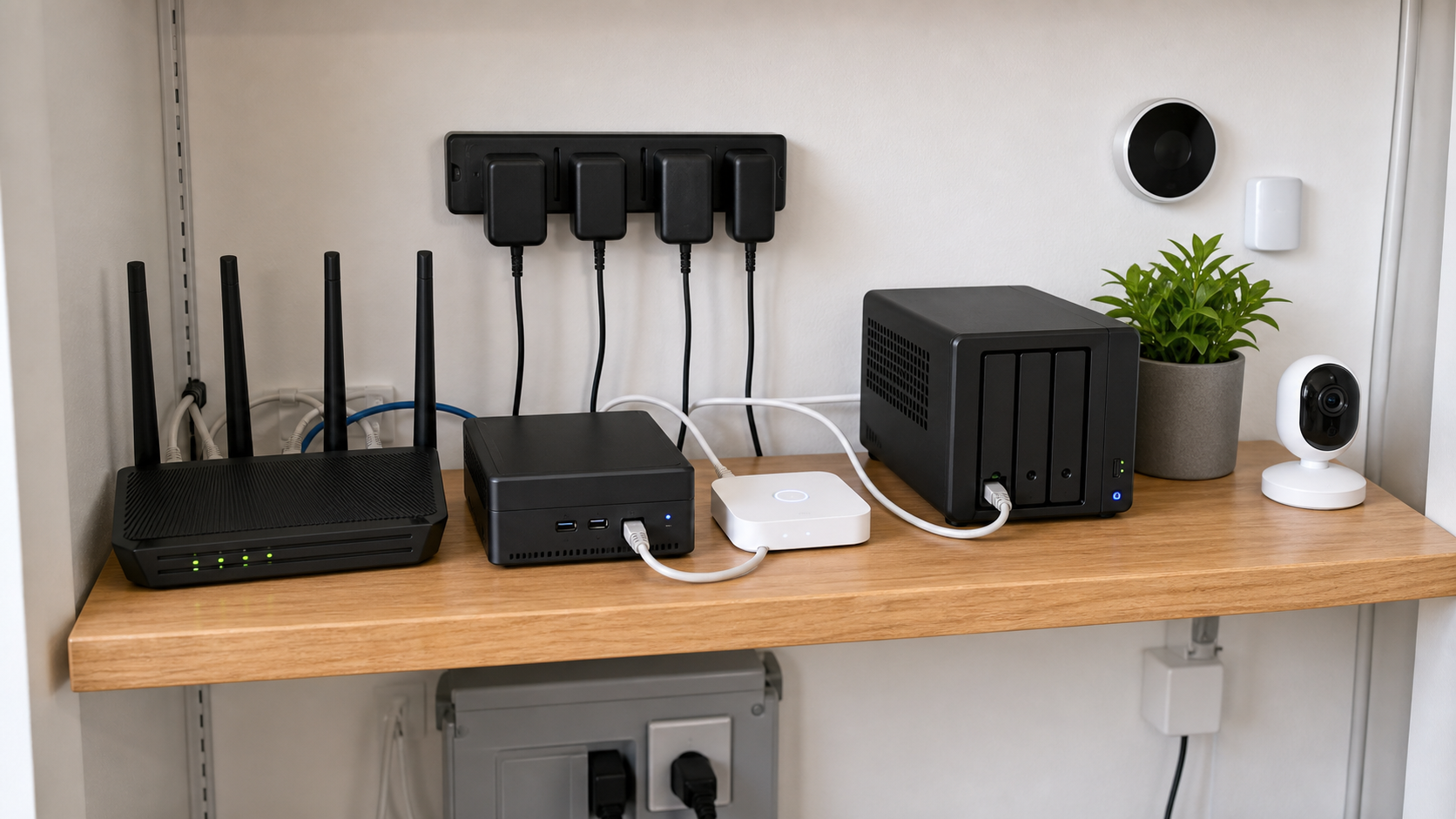 Installation domotique locale avec routeur, mini PC Home Assistant et équipements réseau
