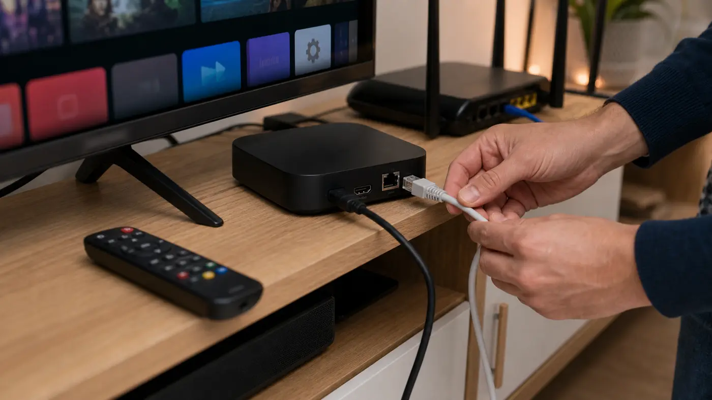 Branchement Ethernet et HDMI d’un boîtier TV connecté