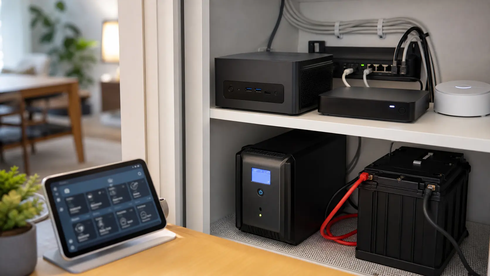Installation domotique avec mini PC, batterie de secours et tableau de bord Home Assistant