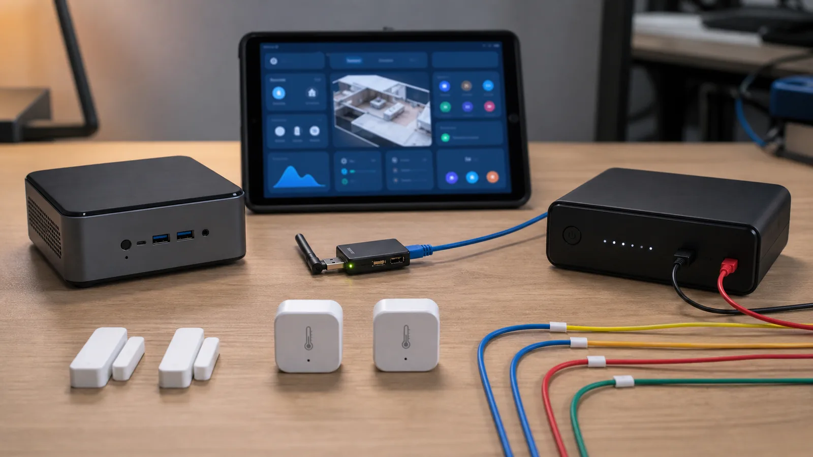 Table de test domotique avec mini PC, dongles, capteurs et tablette de supervision
