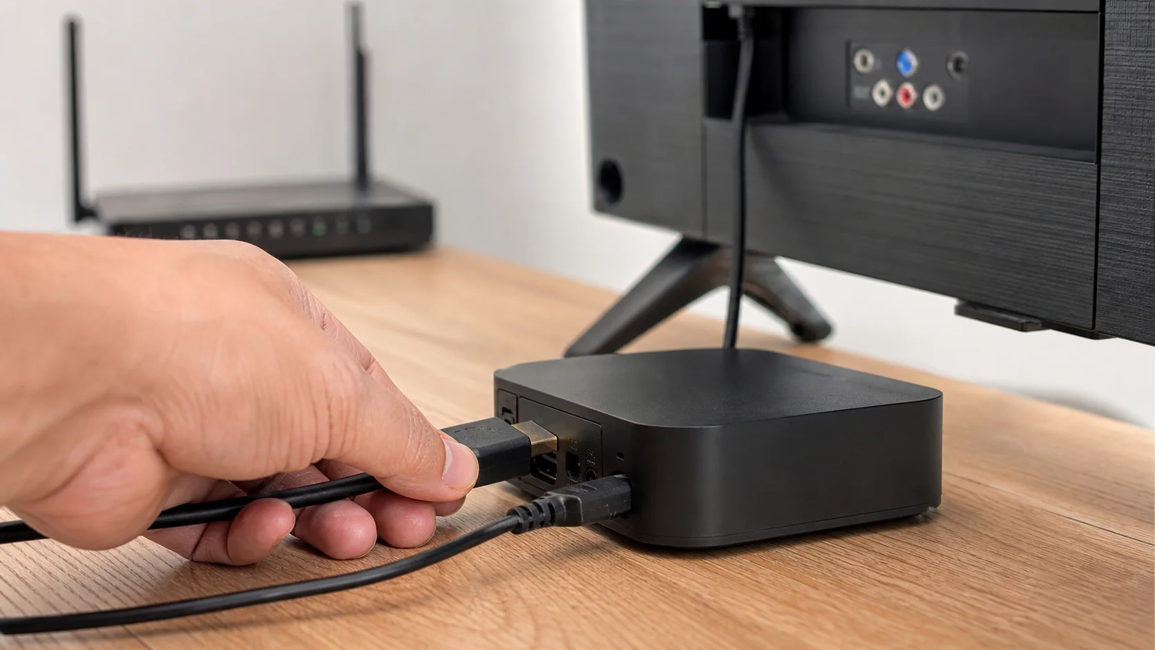 Branchement HDMI d'un boîtier Smart TV à côté d'un téléviseur et d'un routeur Wi-Fi