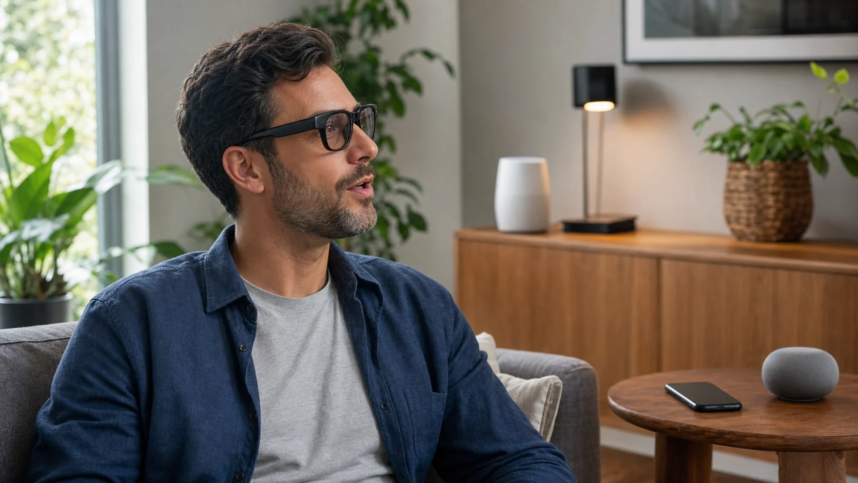 Utilisateur portant des lunettes connectées dans un salon équipé d’objets connectés