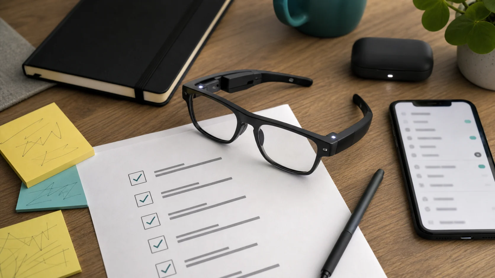 Lunettes connectées et checklist de confidentialité sur un bureau