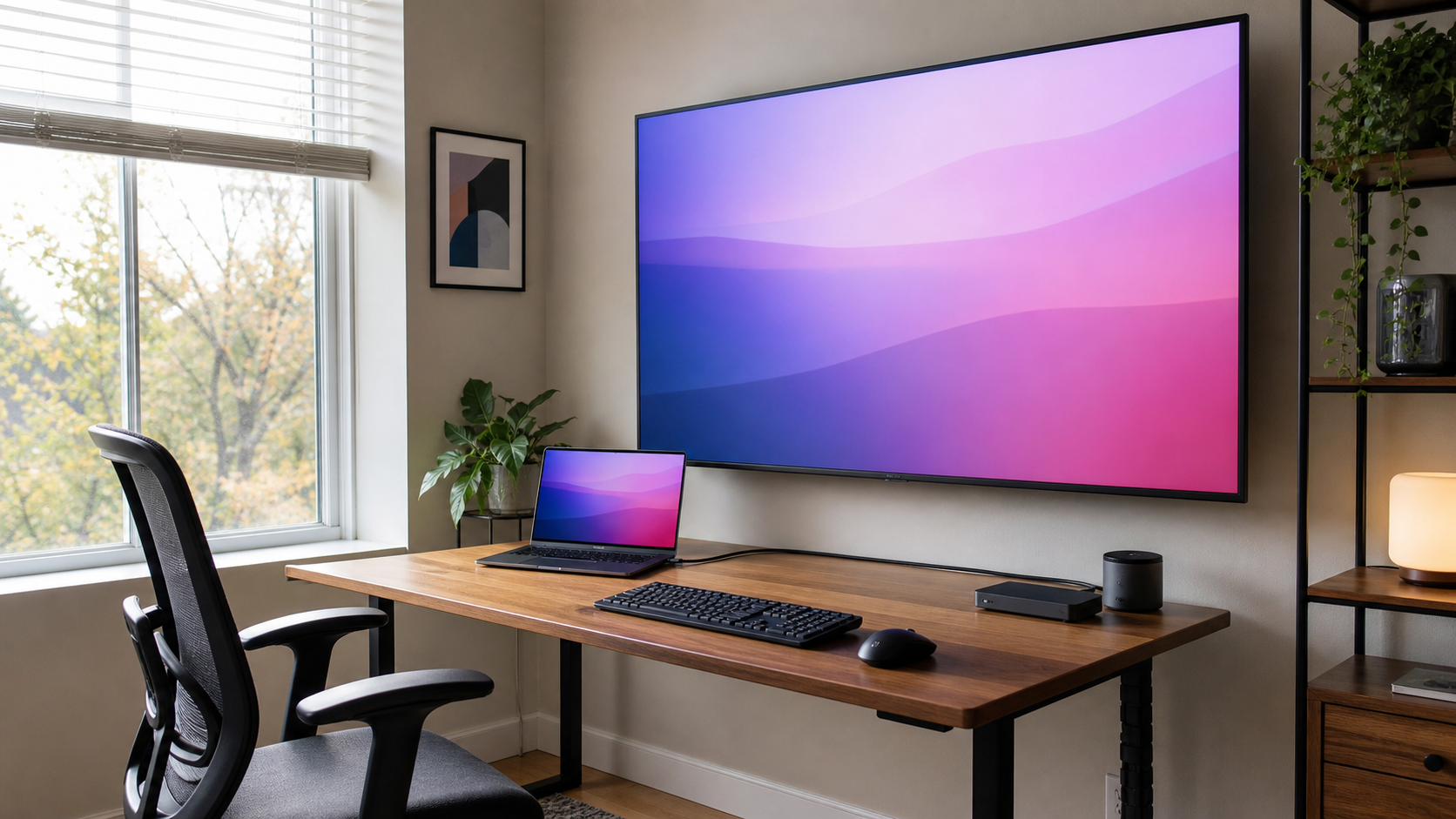 Poste de travail avec ordinateur connecté à une grande TV 4K dans un bureau domestique