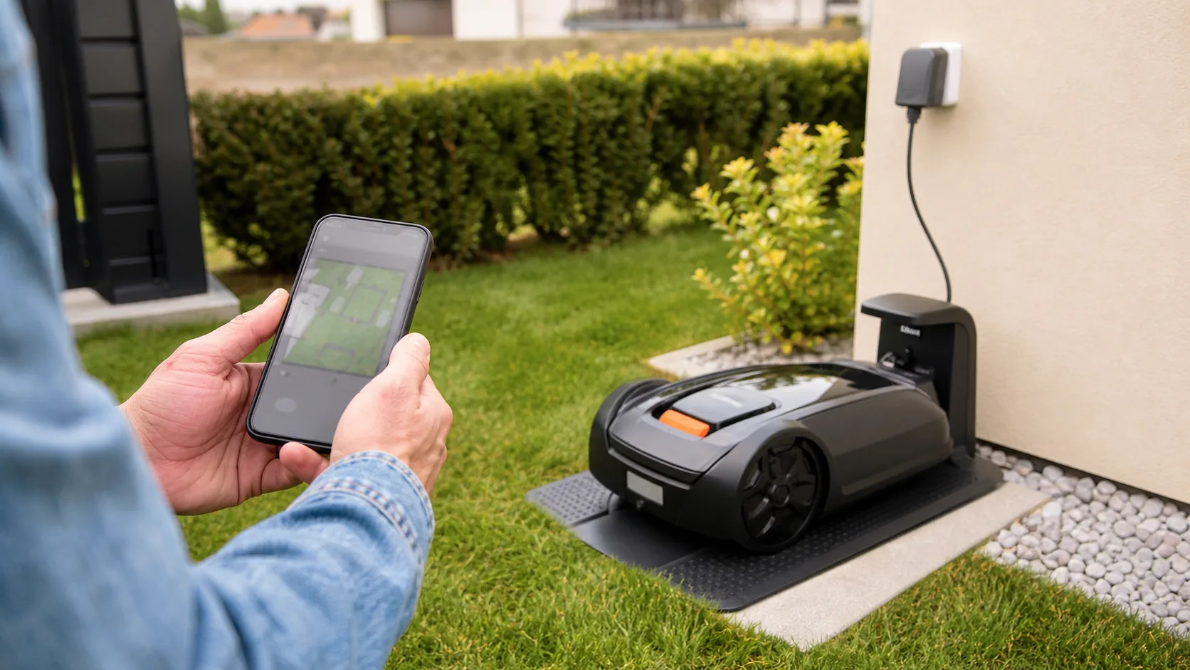 Configuration d'un robot tondeuse sans câble depuis un smartphone près de sa base de charge