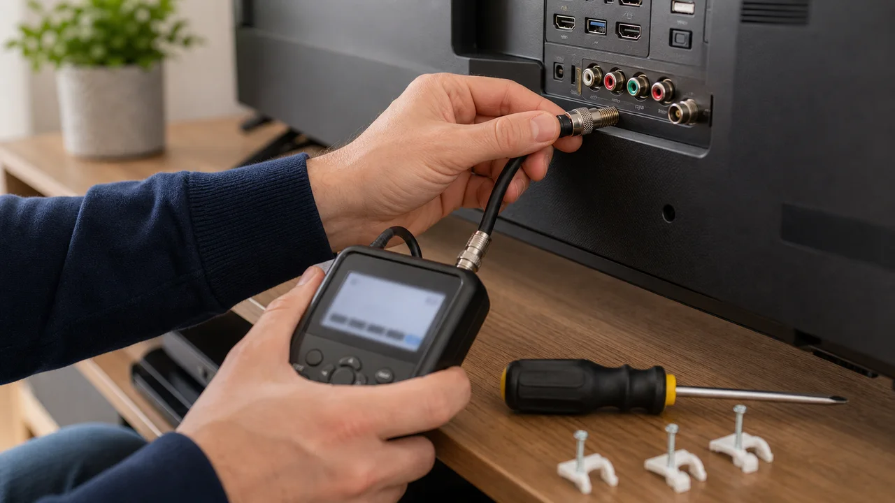 Controle du cable coaxial derriere une television