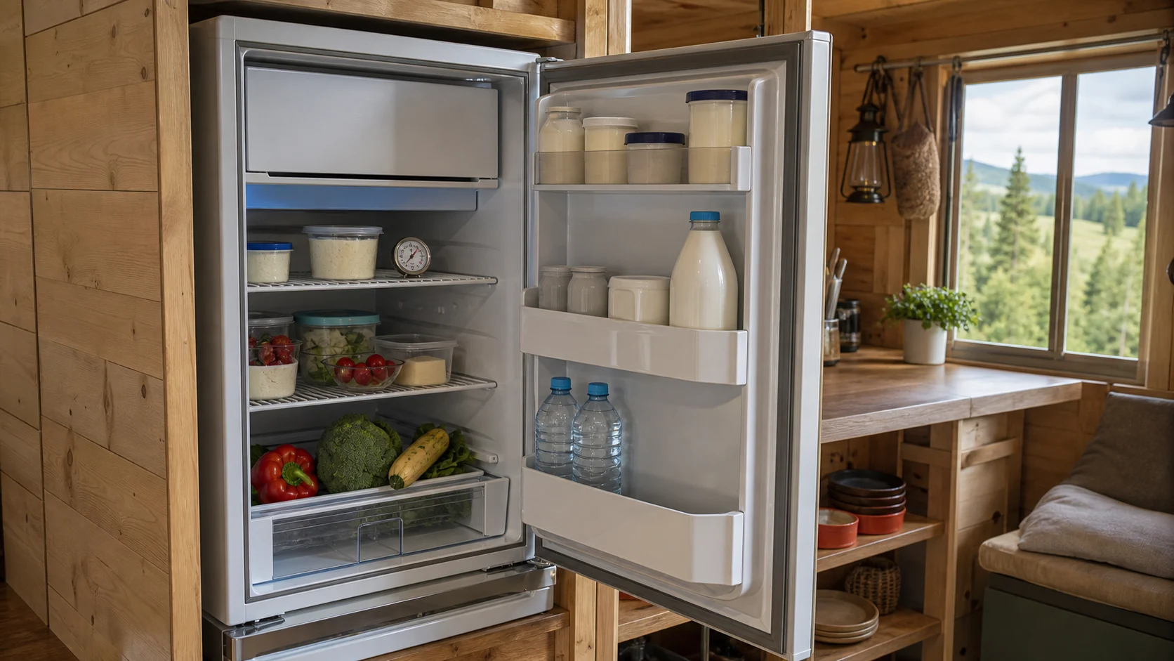 Réfrigérateur à absorption ouvert avec rangement alimentaire organisé en cabane