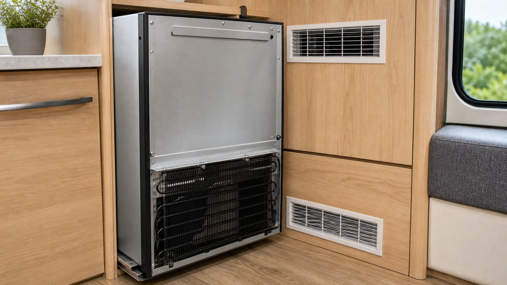 Ventilation arrière d’un réfrigérateur à absorption installé dans une petite cuisine