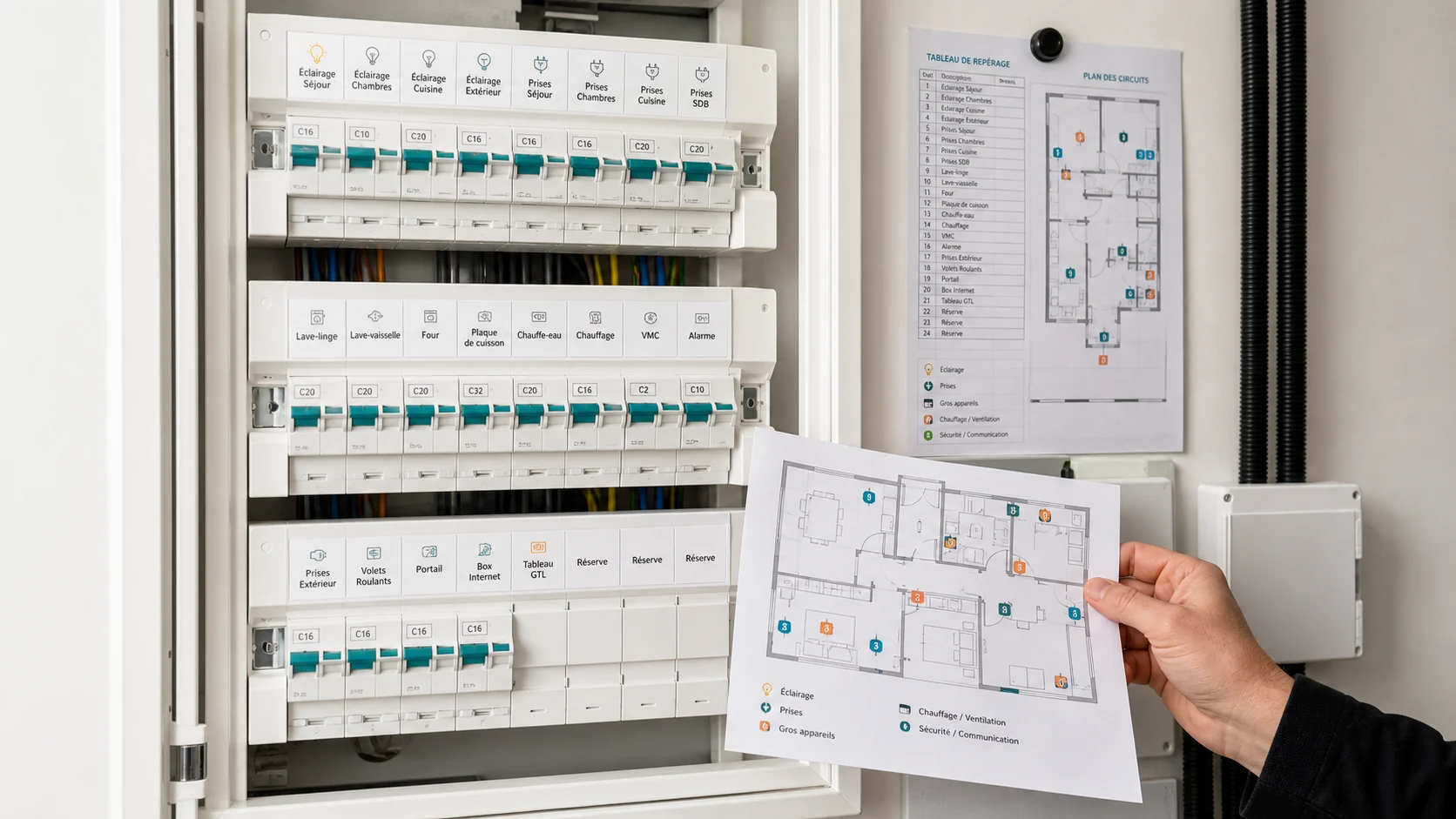 Tableau électrique bien repéré avec plan des circuits du logement