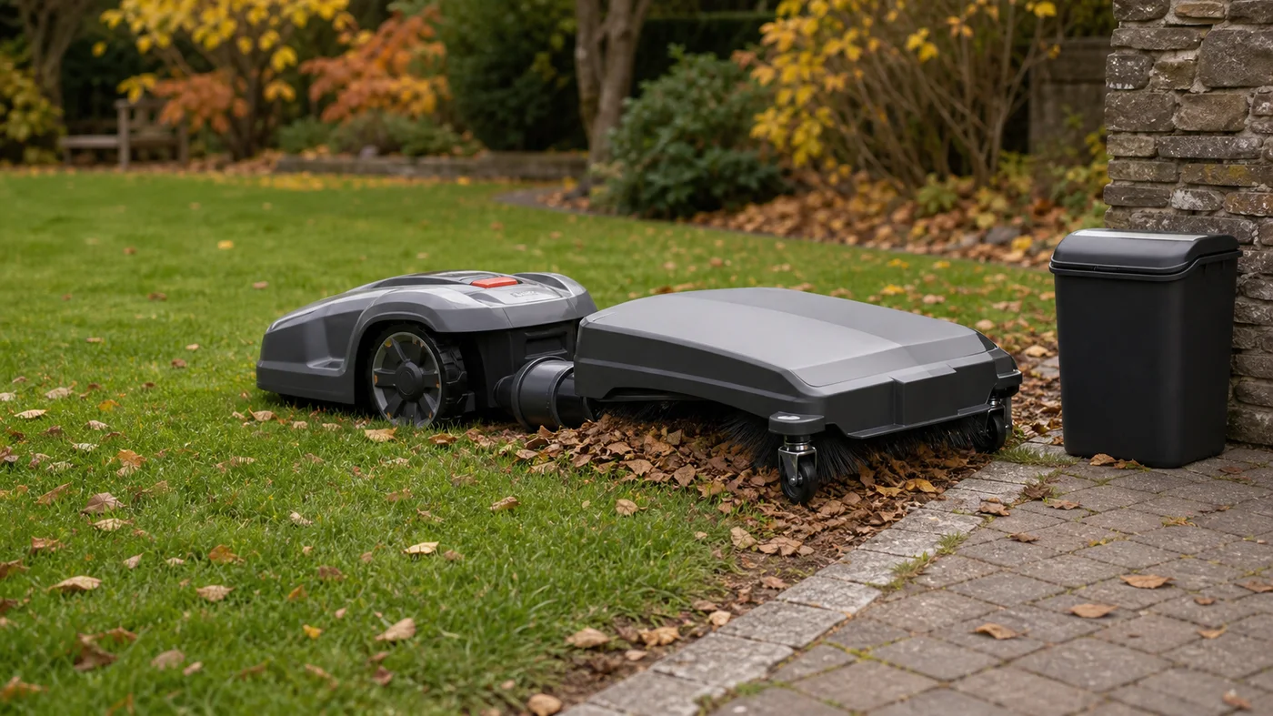 robot tondeuse avec collecteur ramassant des feuilles et de l herbe