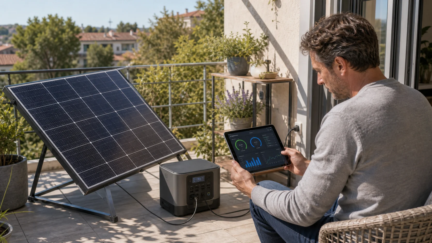 Station solaire compacte installée sur un balcon avec suivi de production