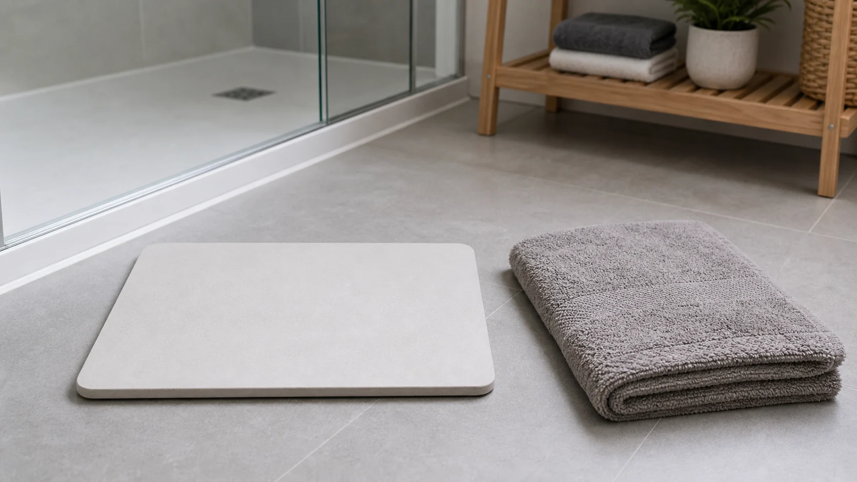 Tapis de bain en diatomite comparé à un tapis textile plié