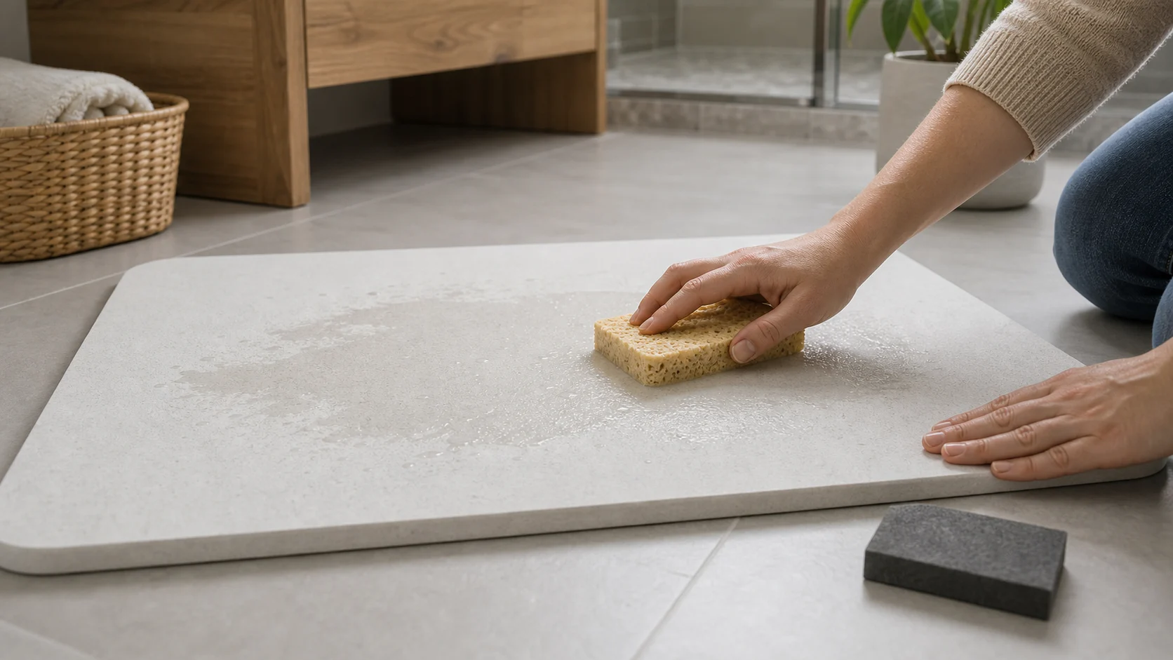 Nettoyage doux d’un tapis de bain en diatomite avec une éponge