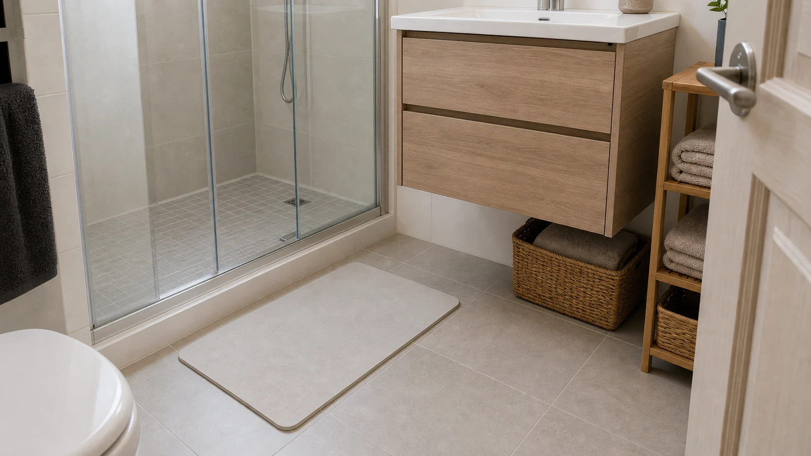 Tapis de bain en diatomite dans une petite salle de bain
