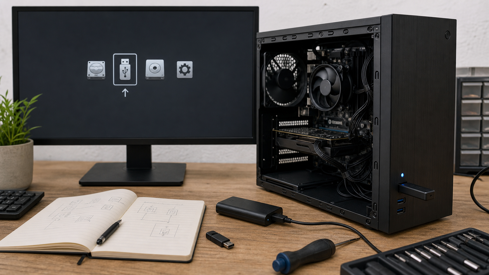 PC ouvert avec clé USB de démarrage et écran de sélection de boot pour préparer une installation système