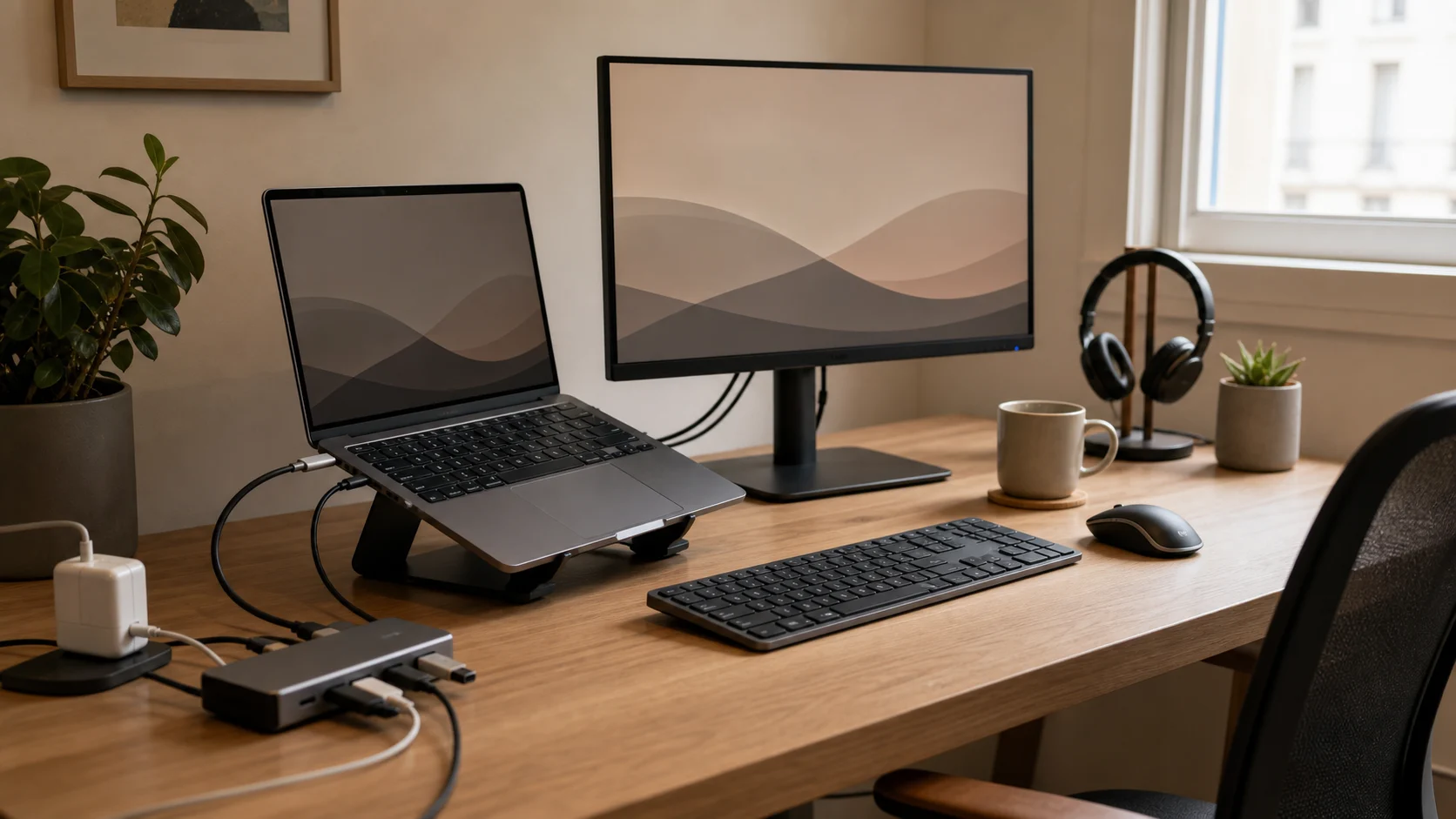 PC portable connecté à un écran externe et à plusieurs périphériques