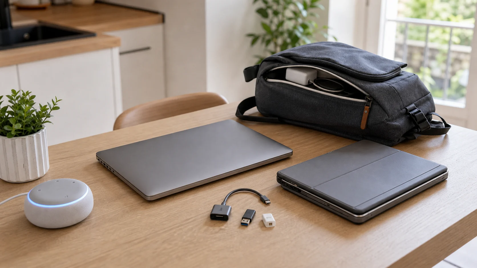 Ordinateur compact et hybride près d’un hub domotique et d’adaptateurs USB