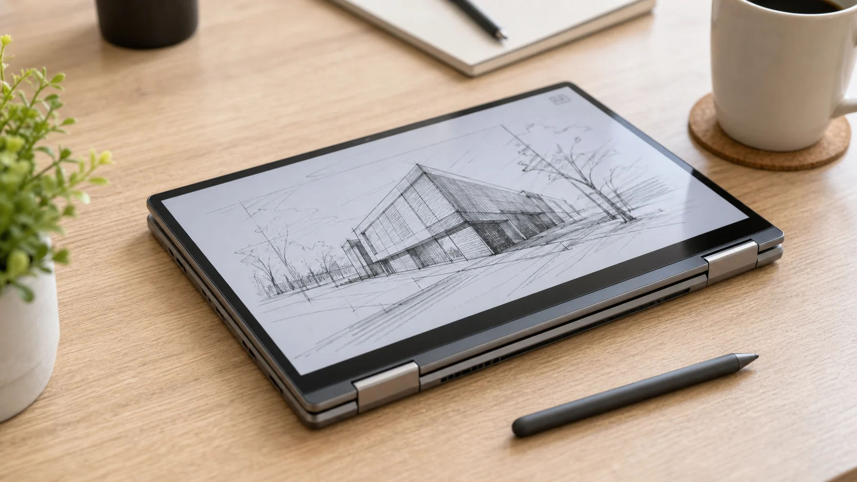 PC hybride 2-en-1 utilisé en mode tablette avec stylet