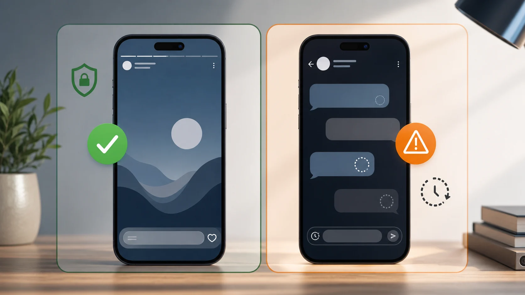 Deux téléphones illustrant la différence entre Story Instagram et message éphémère